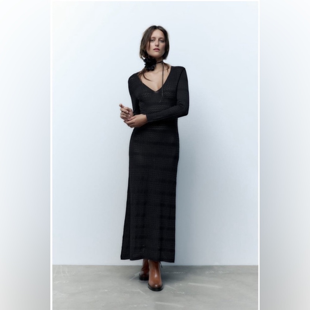 Zara Pointelle Knit Maxi Dress Black NWT size M
